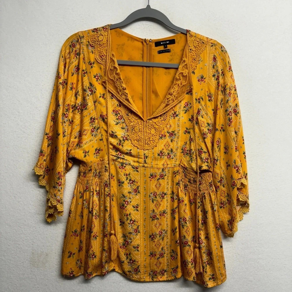 Miss Me Floral Peasant Blouse Yellow S